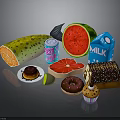 Assorted Fresh Food Selection Featuring Watermelon Grapefruit Milk Soda Pop Donuts And Cupcakes