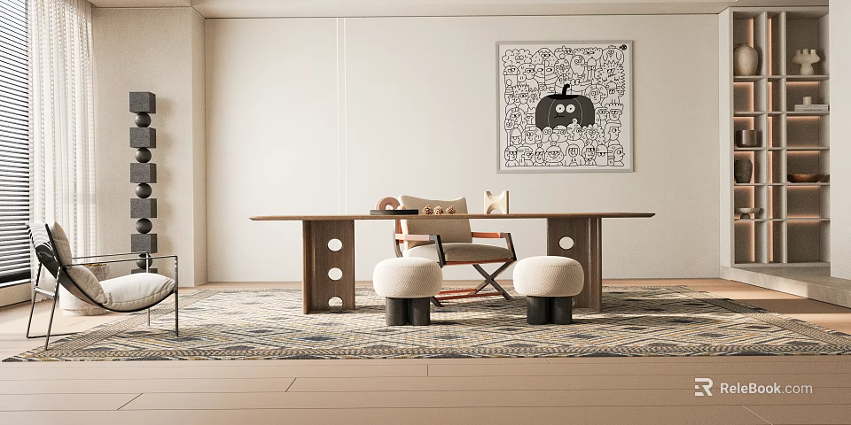 Tea Table And Chairs In Modern Stylish Design With Wooden Frame And Decorative Rug 3d model 