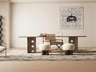 Tea Table And Chairs In Modern Stylish Design With Wooden Frame And Decorative Rug 3d model