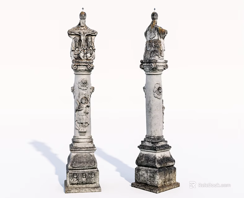 Classical Stone Columns With Intricate Carved Details Ornate Bases And Statue Finials 3d model 