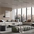Modern Living Room Interior With Large Windows City Skyline View Sofa Set And Area Rug