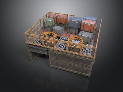 Industrial Platform Structure With Colored Crates Yellow Railings Circular Equipment And Stone Base 3d model