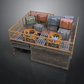 Industrial Platform Structure With Colored Crates Yellow Railings Circular Equipment And Stone Base