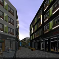 Modern Pedestrian Commercial Street With Shops Balconies Store Signs And Stone Pavement