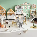 Kids Playroom With Light Green Walls House Shaped Storage Cabinets Tent And Dinosaur Toys