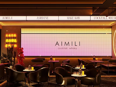 AIMILI Cocktail And Whiskey Bar Interior Design With Warm Lighting And Leather Seats 3d model