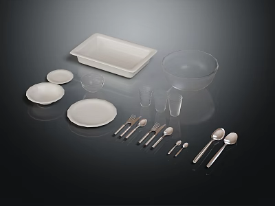 Daily Living Kitchen Utensils With White Tray Plates Glass Cups And Stainless Steel Spoons Forks 3d model