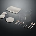 Daily Living Kitchen Utensils With White Tray Plates Glass Cups And Stainless Steel Spoons Forks
