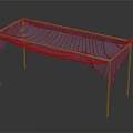 Rectangular Furniture With Red Legs And Light Blue Cloth Cover With Pink Trimmed Edges