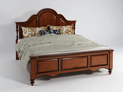 Classic Wooden Double Bed With Carved Headboard Decorative Pillows And Cozy Bedspread 3d model