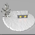 Small Snow Covered House With Windows And Snowy Pine Tree On White Snowy Ground