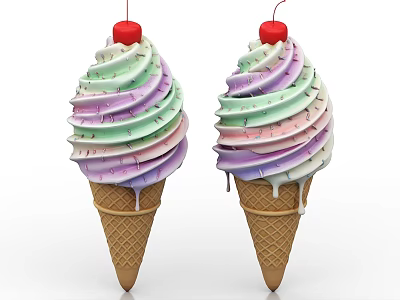 Colorful Swirled Ice Cream Cones With Cherry Topping And Dripping Cream 3d model