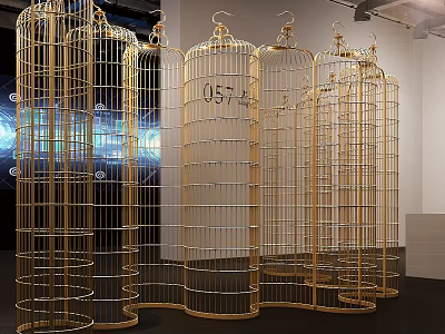 Elegant Golden Birdcage Shaped Screens with Metal Frames for Interior Decor 3d model