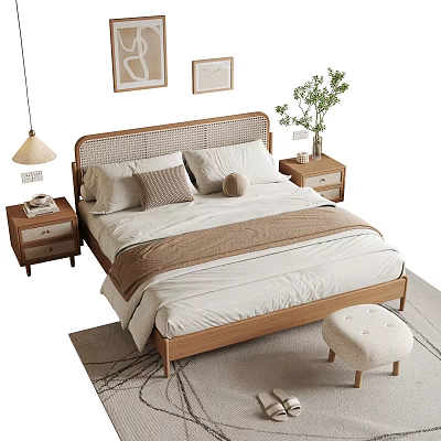 Bedroom Interior Featuring Wooden Frame Rattan Headboard Pillows Quilt Bedside Tables Lamp Plant And Rug 3d model