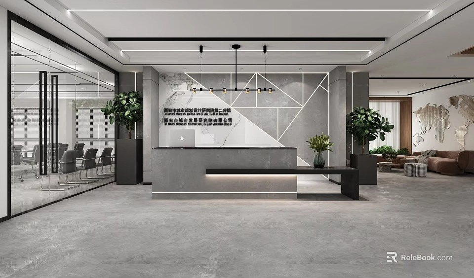 Elegant Modern Reception Desk Interior Design With Marble Counter Green Plants And Lighting 3d model 