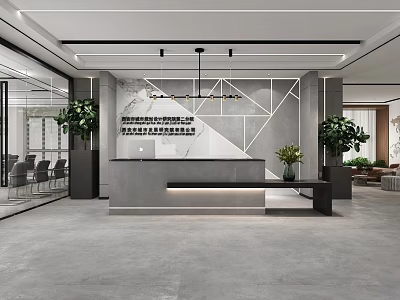 Elegant Modern Reception Desk Interior Design With Marble Counter Green Plants And Lighting 3d model