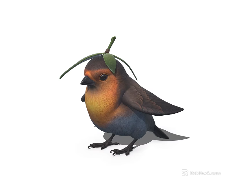 Small Bird with Leaf and Twig on Head Orange and Blue Feathers 3d model