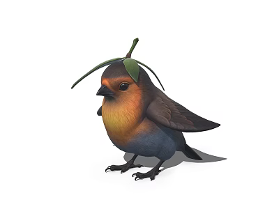 Small Bird with Leaf and Twig on Head Orange and Blue Feathers 3d model