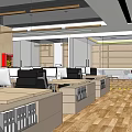 Modern Office Reception Area With Logo Woman Pendant Lights And Geometric Wall Design