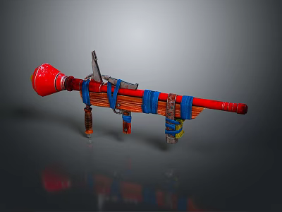 Unique Red Weapon With Blue Straps Metallic Components And Flared Front Structure 3d model