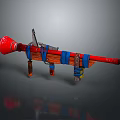 Unique Red Weapon With Blue Straps Metallic Components And Flared Front Structure