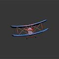 Blue Biplane Model with Red Cockpit and Orange Struts on Dark Background with Reflection