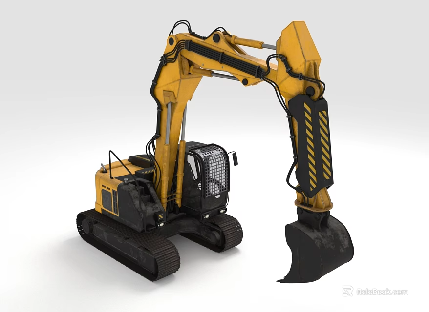Yellow Heavy Construction Excavator 3D Model With Tracked Undercarriage And Front Bucket 3d model 