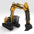 Yellow Heavy Construction Excavator 3D Model With Tracked Undercarriage And Front Bucket