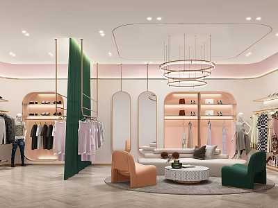 Modern Clothing Store Interior With Clothes Shoes Bags Mannequins Seating Area And Elegant Lighting 3d model