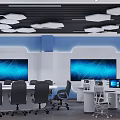 Modern Monitoring Room With Multiple Screens Control Desks Blue Lighting And Data Charts