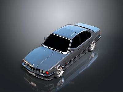 Blue BMW Sedan With Classic Design Silver Alloy Wheels And Shiny Surface On Dark Background 3d model