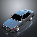 Blue BMW Sedan With Classic Design Silver Alloy Wheels And Shiny Surface On Dark Background