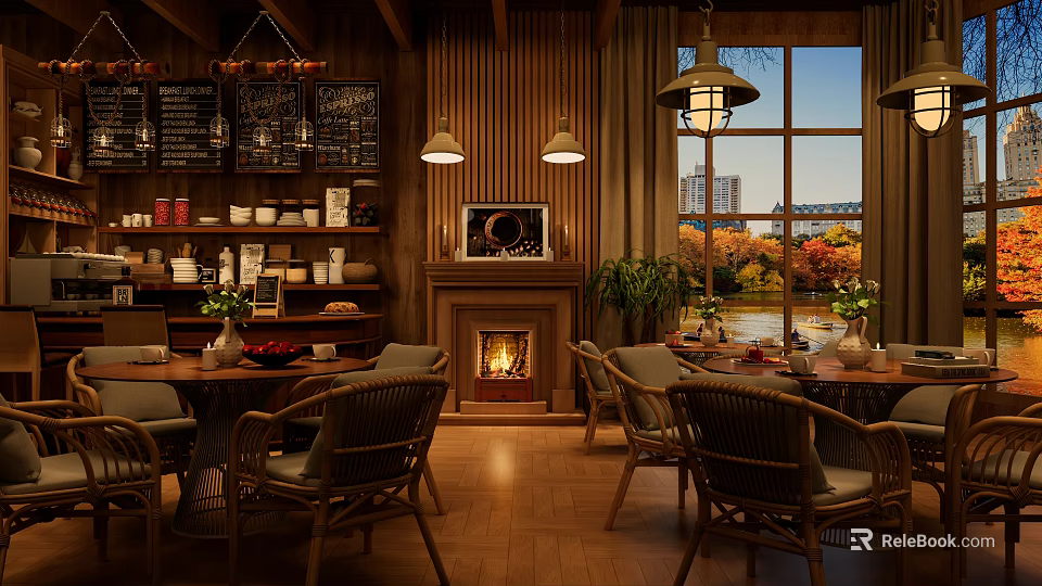 Cozy Cafe Interior With Fireplace Large Window And Wooden Tables Chairs 3d model 