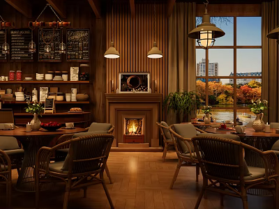 Cozy Cafe Interior With Fireplace Large Window And Wooden Tables Chairs 3d model
