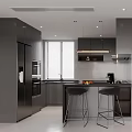 Modern Minimalist Kitchen Interior With Dark Cabinets Central Island Counter And Bar Stools