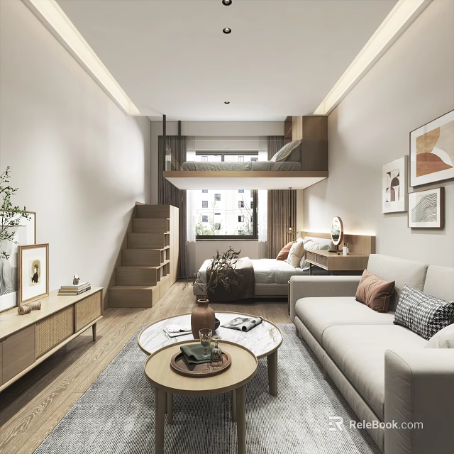 Modern Loft Apartment Interior Design With Sofa Coffee Table Decorative Paintings And Natural Light 3d model 