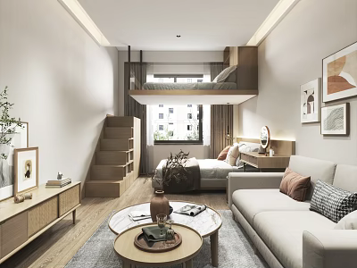 Modern Loft Apartment Interior Design With Sofa Coffee Table Decorative Paintings And Natural Light 3d model