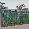 Green Vines Covered Metal Frame Structure With Wooden Planters And Logo Sign