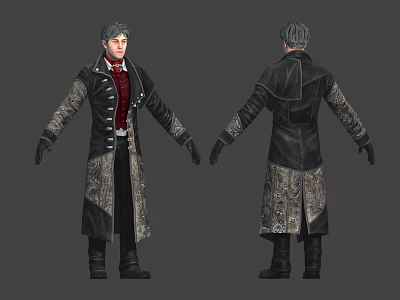 Man Wearing Black Long Coat Red Vest With Decorative Patterns Front Back Character Design Views 3d model
