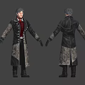 Man Wearing Black Long Coat Red Vest With Decorative Patterns Front Back Character Design Views