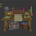 Adventurer Themed Wooden Table With Skull Sword Map Scroll And Treasure Chest