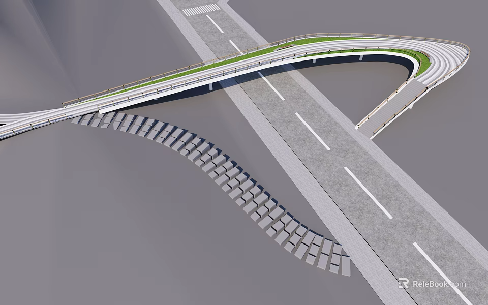 Modern Curved Landscape Bridge With Green Top Over Intersecting Roads And Unique Design 3d model 