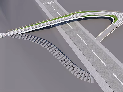 Modern Curved Landscape Bridge With Green Top Over Intersecting Roads And Unique Design 3d model