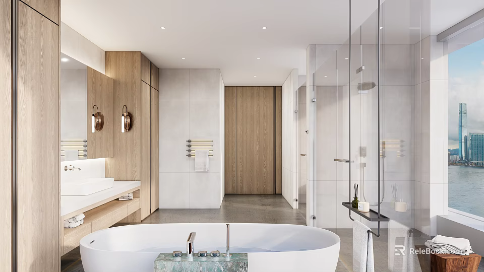 Elegant Modern Hotel Bathroom Interior With Freestanding Bathtub Glass Shower And Marble Countertop 3d model 