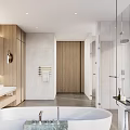 Elegant Modern Hotel Bathroom Interior With Freestanding Bathtub Glass Shower And Marble Countertop