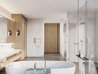 Elegant Modern Hotel Bathroom Interior With Freestanding Bathtub Glass Shower And Marble Countertop 3d model