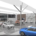 Modern Car Showroom Interior With Wooden Walls Marble Logo Wall Display Screens And Ceiling Lights