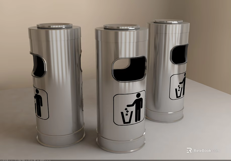 Public Trash Bins In Silver Design With Three Units And Waste Disposal Icons 3d model 