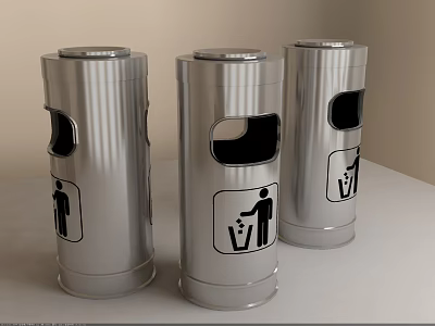 Public Trash Bins In Silver Design With Three Units And Waste Disposal Icons 3d model
