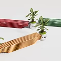 Vibrant Multicolor Slatted Expandable Outdoor Chairs With Decorative Potted Plants For Courtyard And Public Spaces